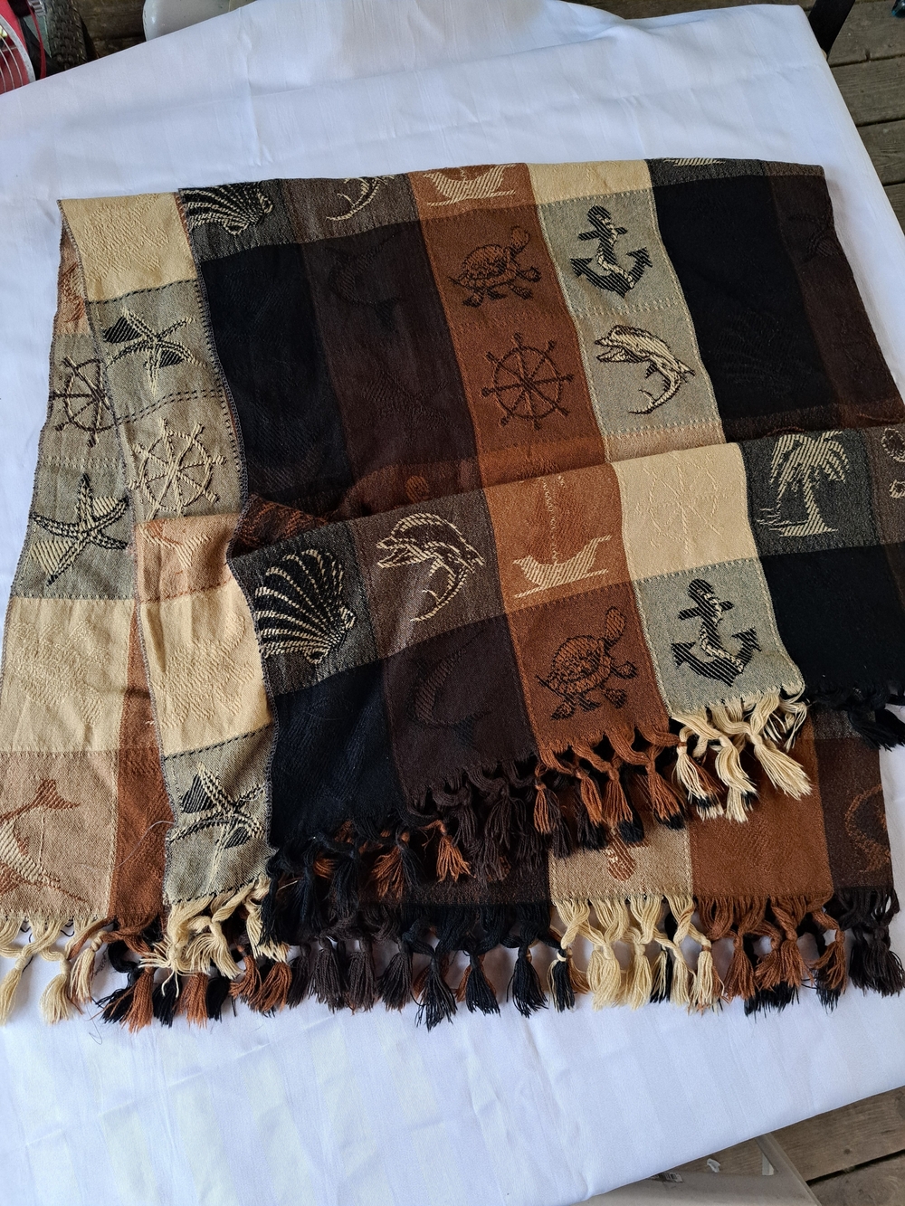 Nautical Patchwork Tassel Throw Blanket in Brown & Cream Tones
